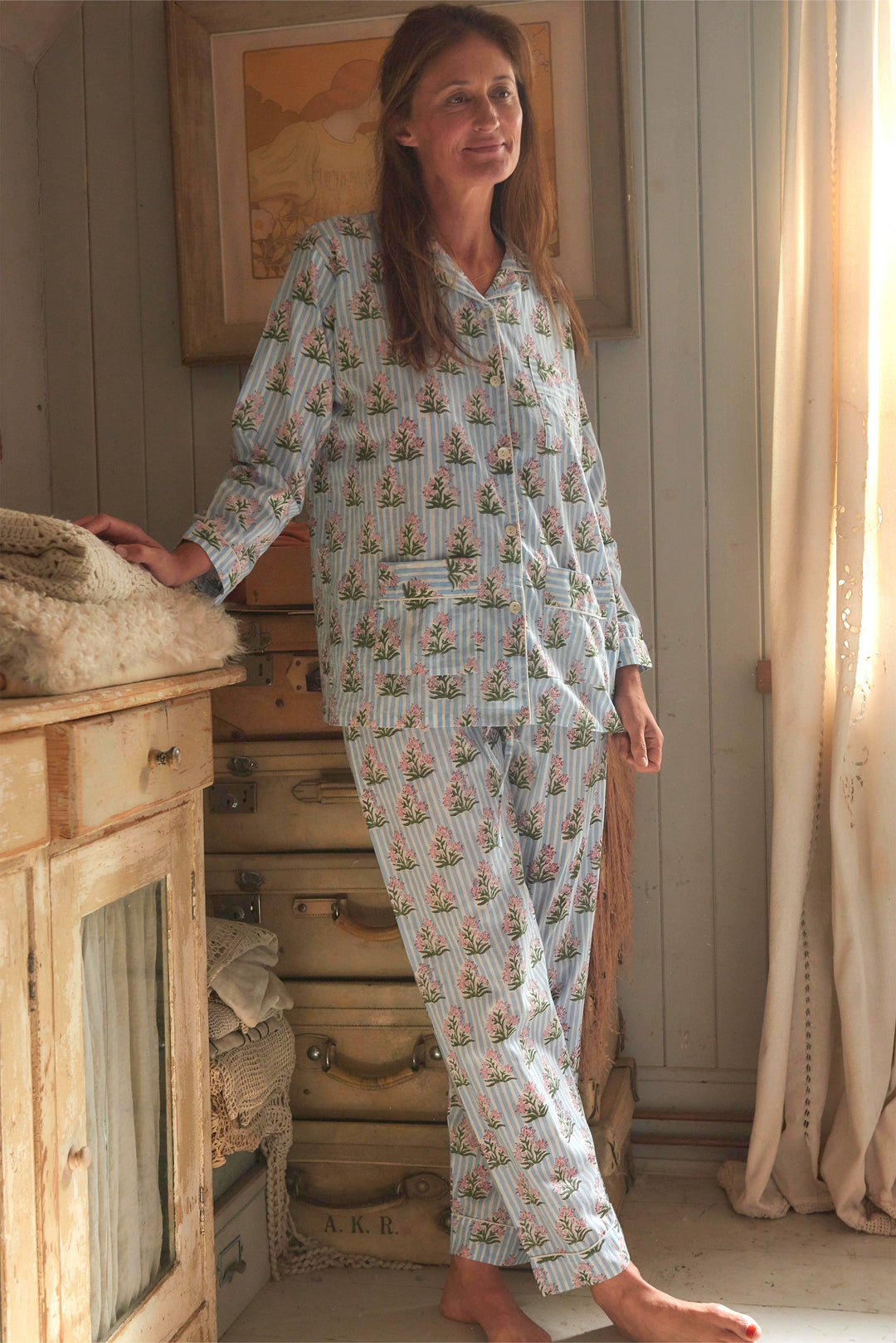 'Soft Blue' hand printed Cotton Pyjamas