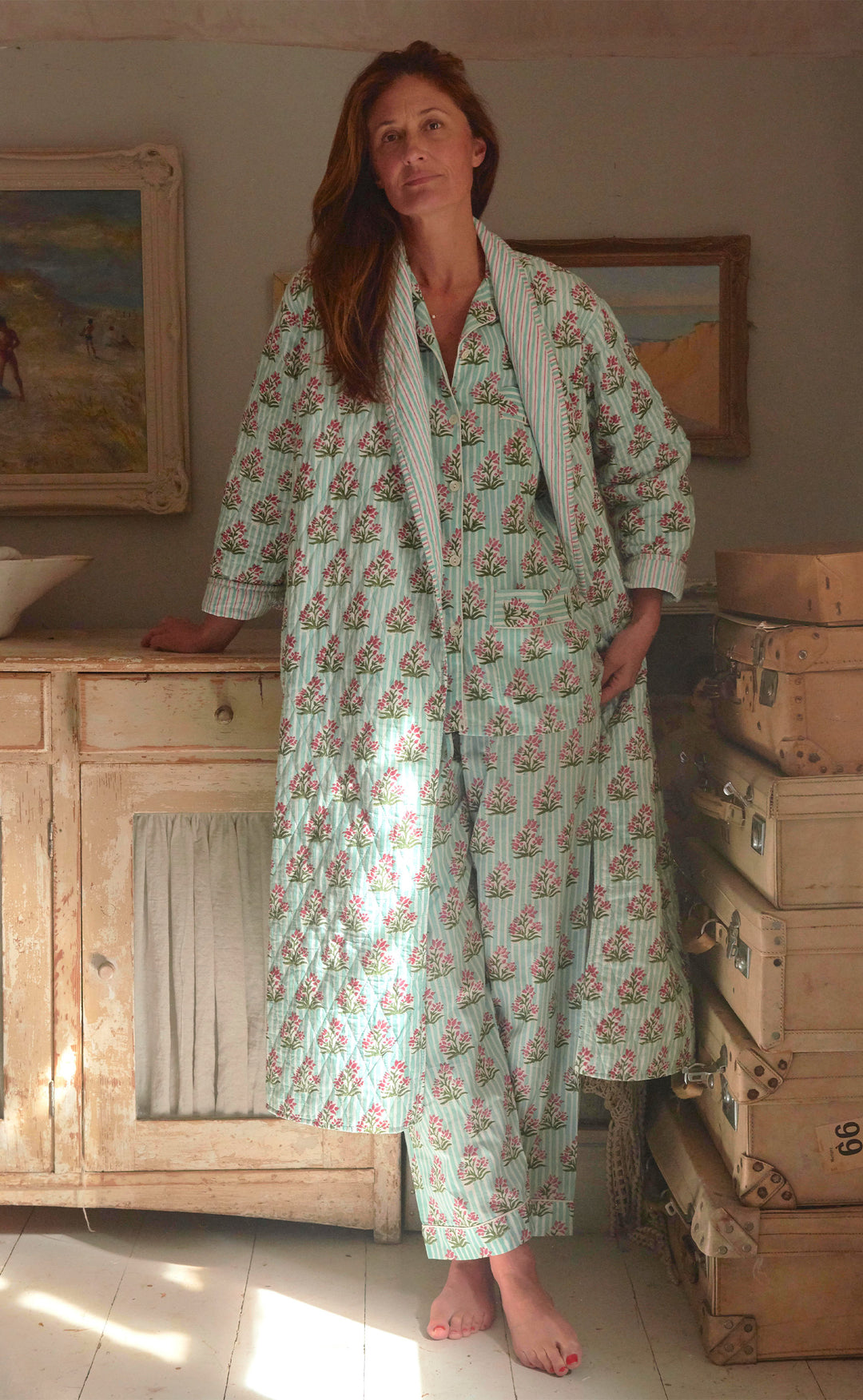 ladies quilted dressing gown Women's Dressing Gown Blue Floral Quilted Pure Cotton Handmade In Germany