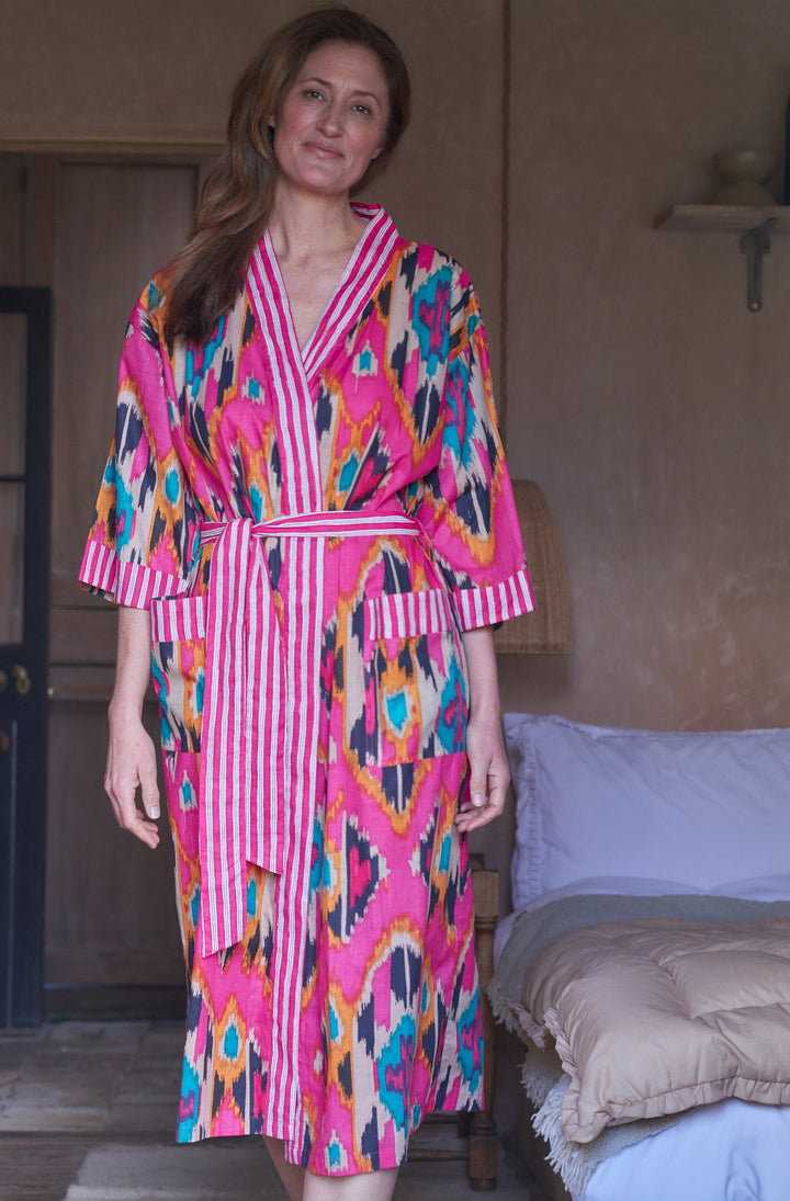 Cotton Dressing Gown | Rose Ikat Print