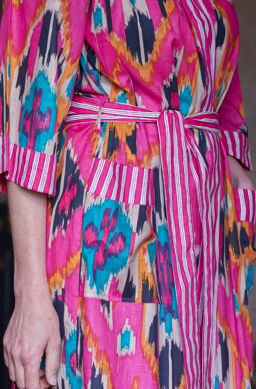 Cotton Dressing Gown | Rose Ikat Print