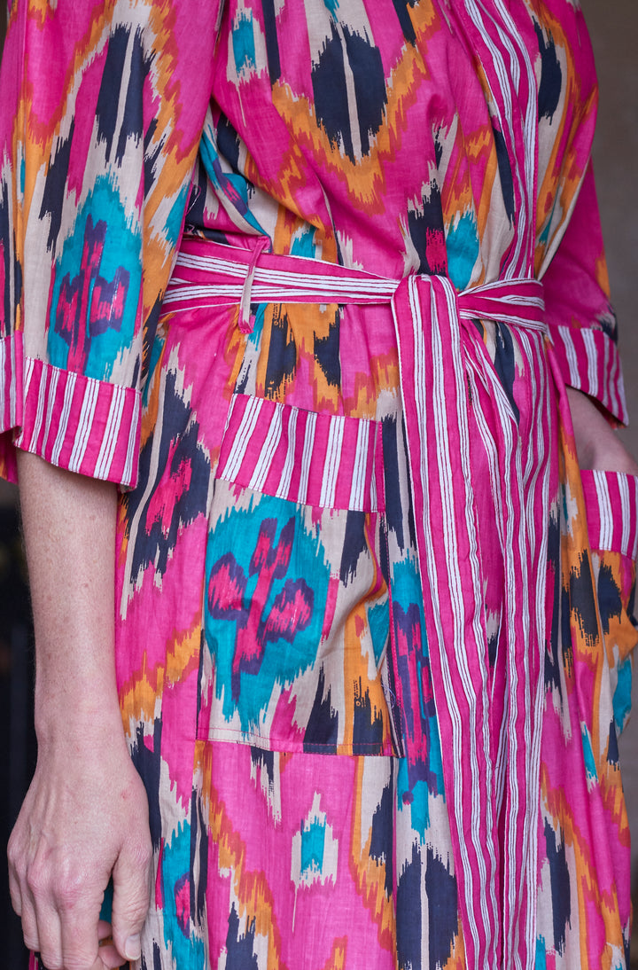 Cotton Dressing Gown | Rose Ikat Print