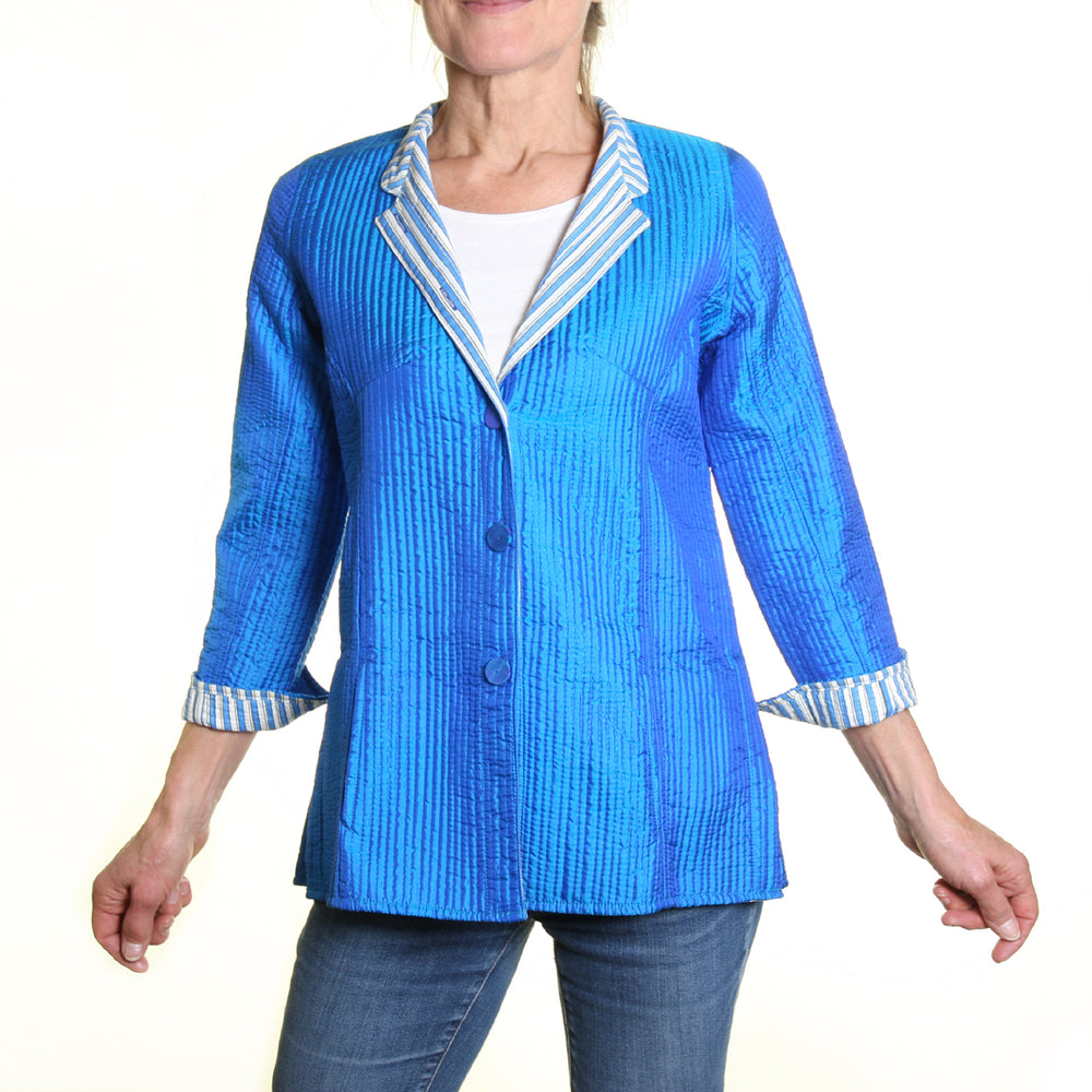 Silk Opera Blazer - Reversible Peacock Blue with Blue and White Stripe Print Lining | Tania Llewellyn Designs