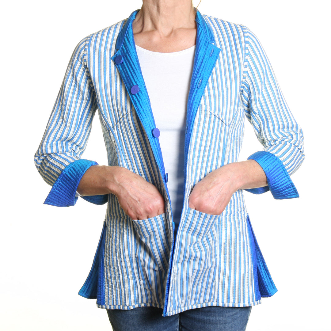 Silk Opera Blazer - Reversible Peacock Blue with Blue and White Stripe Print Lining | Tania Llewellyn Designs