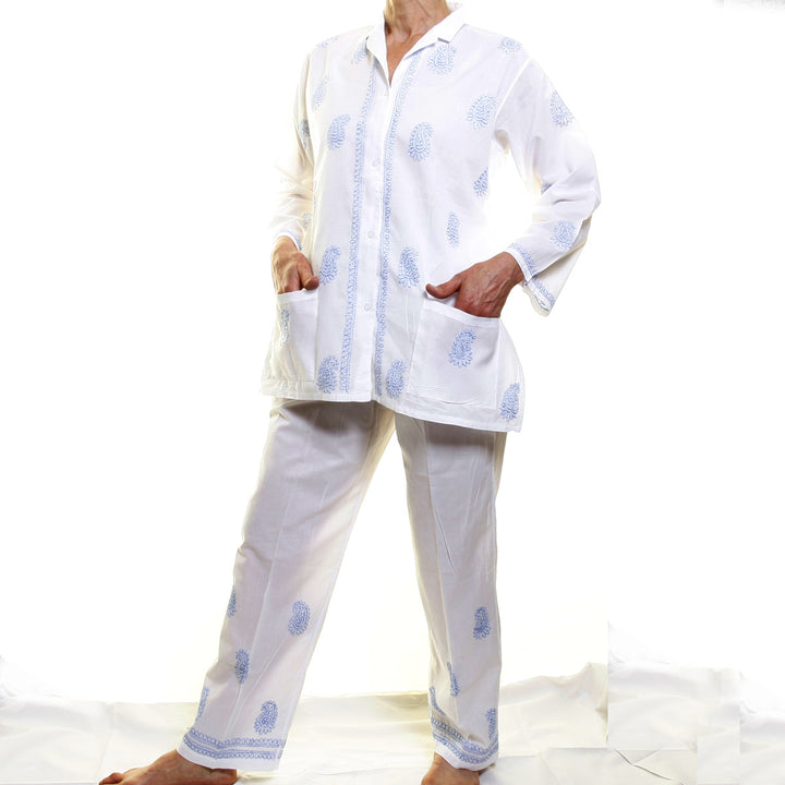 Hand-embroidered Cotton Pyjamas / Baby Blue | Tania Llewellyn Designs
