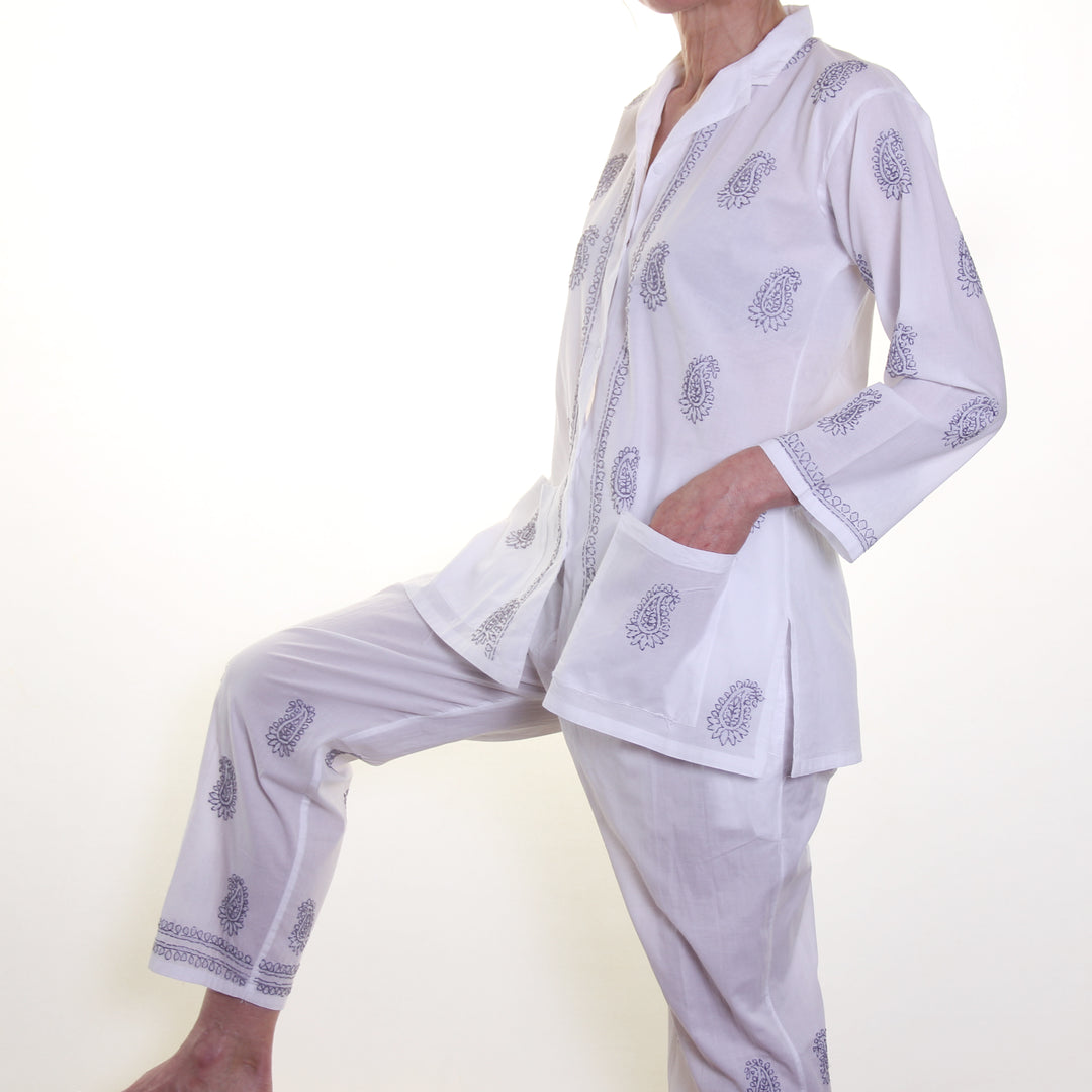 Hand-embroidered Cotton Pyjamas / Charcoal Grey | Tania Llewellyn Designs