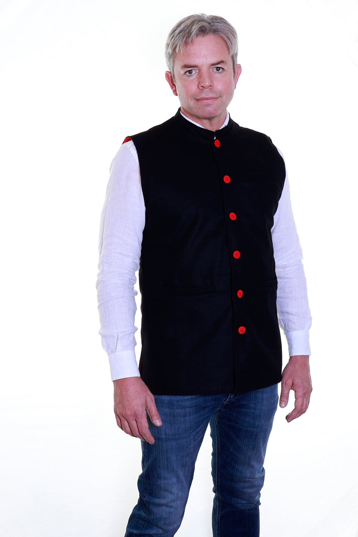 Felted Wool Nehru Waistcoat - Black/Red | Tania Llewellyn Designs