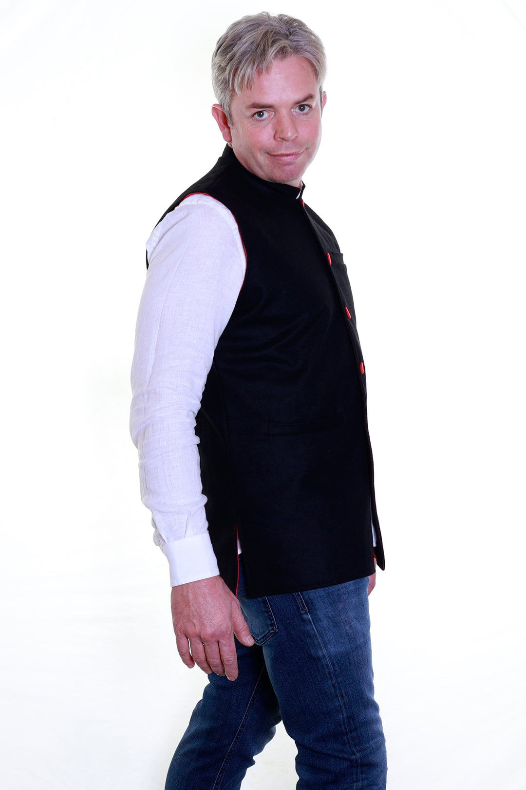Felted Wool Nehru Waistcoat - Black/Red | Tania Llewellyn Designs