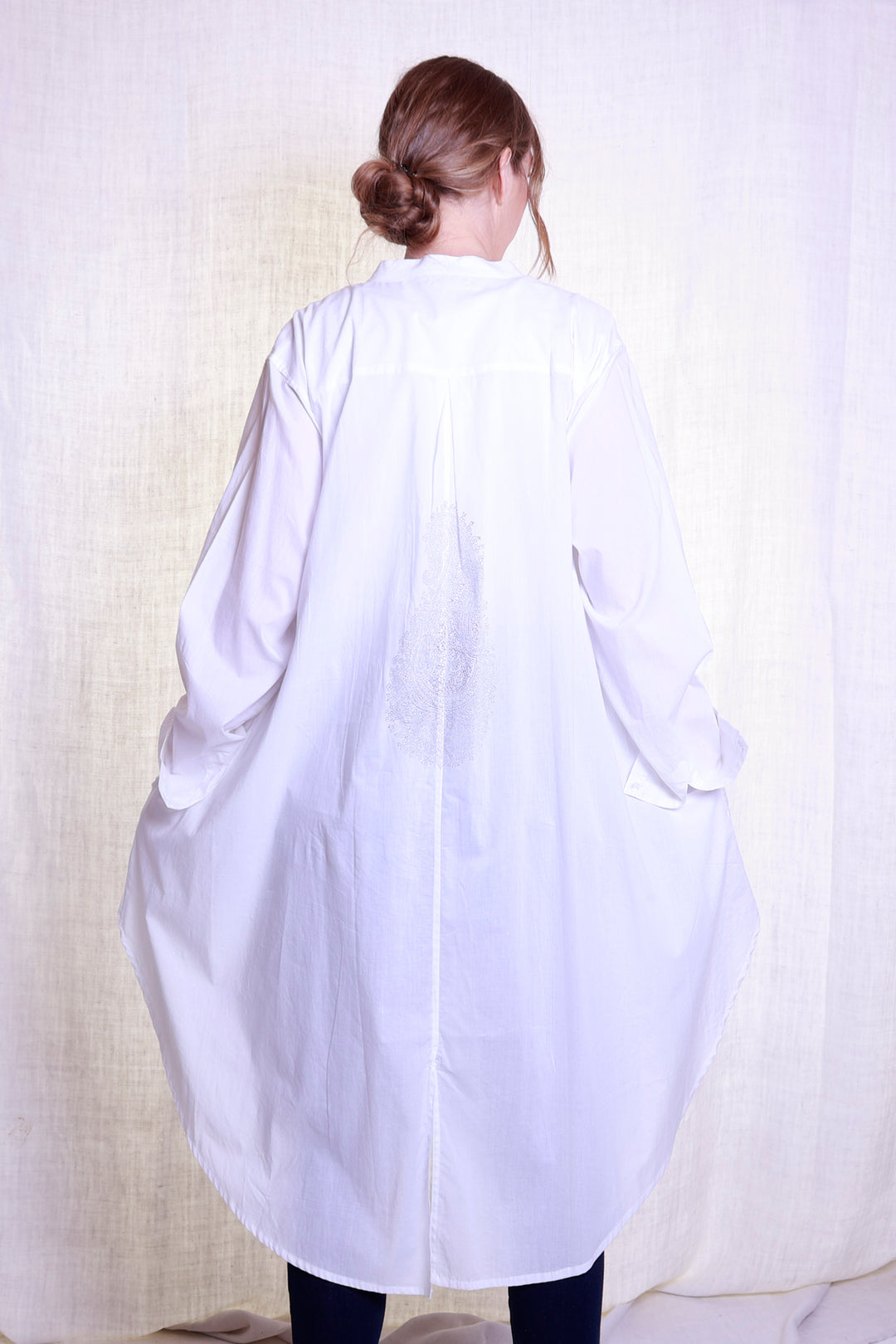 'Lalia' Shirtdress / Plain White Cotton with hand block printed Motif | Tania Llewellyn Designs