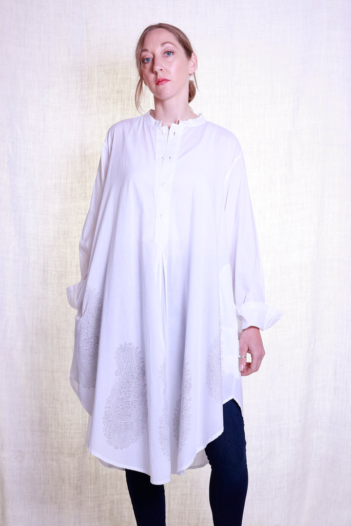 'Lalia' Shirtdress / Plain White Cotton with hand block printed Motif | Tania Llewellyn Designs