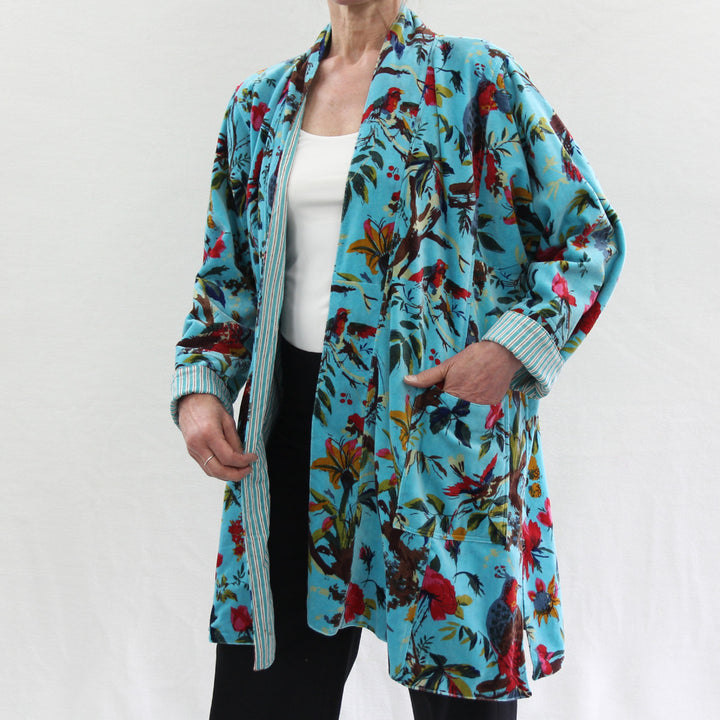 Cotton Velvet Short Kimono Jacket in Bird Print / Turquoise | Tania Llewellyn Designs