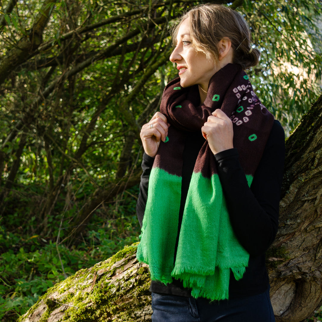Pure wool ‘Bandhani’ Shawl | Marron Vert