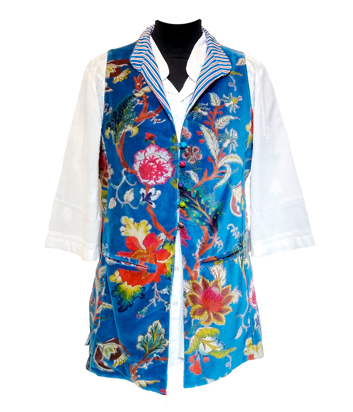 Cotton Velvet Waistcoat / Turquoise Flower | Tania Llewellyn Designs